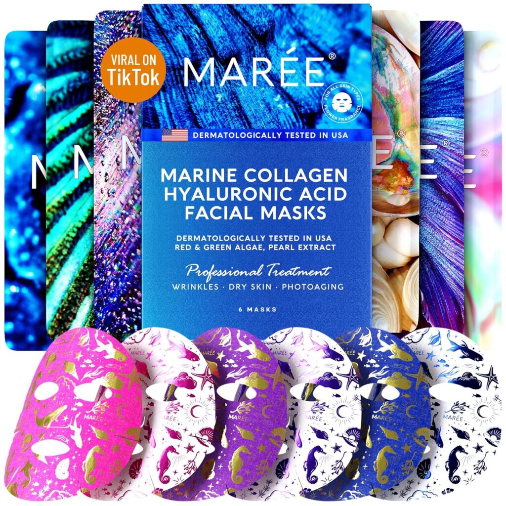 MAREE Facial Masks with Marine Collagen & Hyaluronic Acid - Sheet Moisturizing Masks for Face with Green & Red Algae Extract for All Skin Types