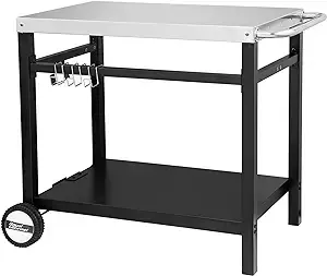 Royal Gourmet Dining Cart Table with Double-Shelf, Movable Stainless Steel Flattop Worktable, Hooks, Side Handle, Multifunctional